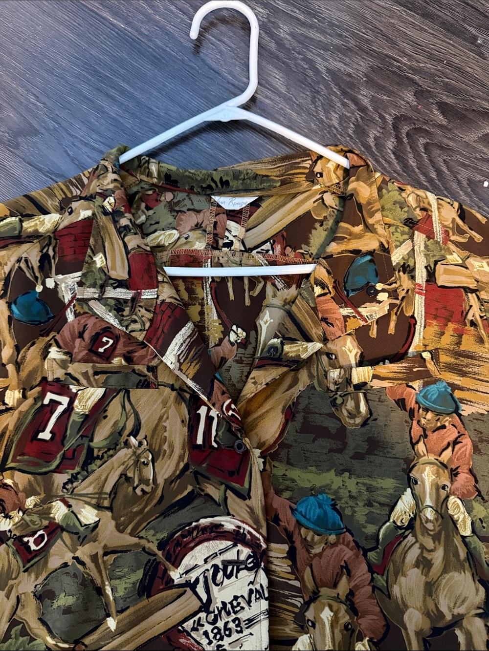Vintage Silky Brown and Teal Horse Racing Print Shirt - Picture 2 of 4
